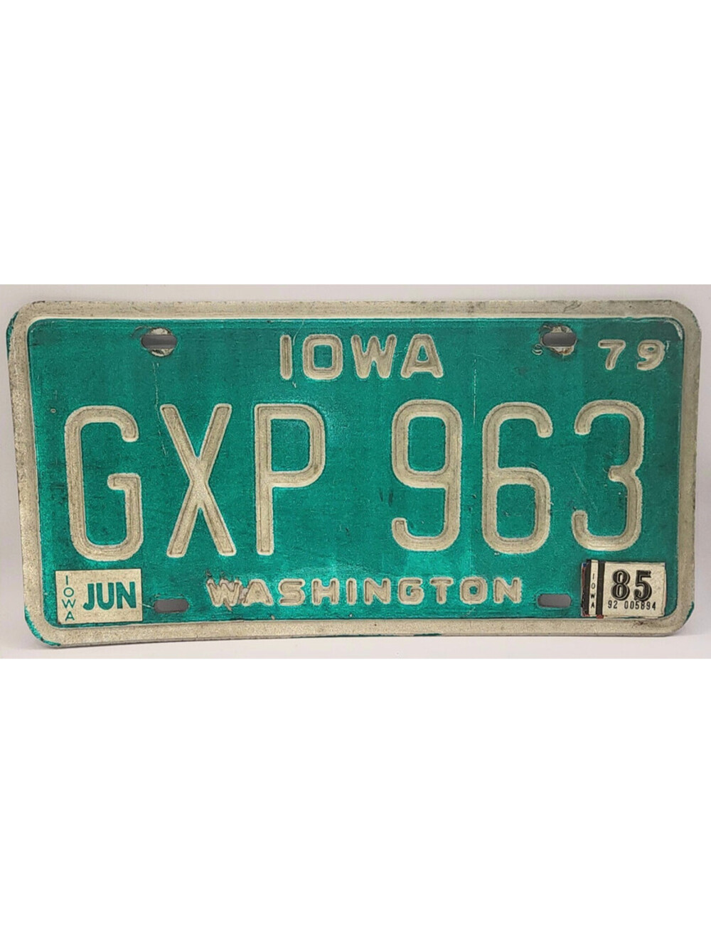 IOWA License Plate GXP 963 Washington County 1979 Tag, 1985 sticker tag See!